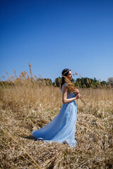 Fototapeta premium Woman in a blue long dress in the reeds. Fashion portrait with dried flowers