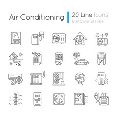 Air conditioning linear icons set. Climate control technology сustomizable thin line contour symbols. Temperature control appliances and systems. Isolated vector outline illustrations. Editable stroke