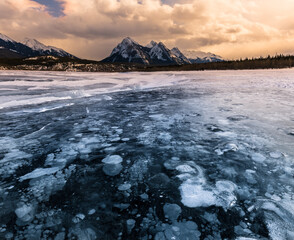 Frozen ice bubbles at Abraham Lake. Beautiful Canadian landscapes