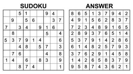 Vector sudoku with answer. Educational game with numbers for kids and leisure for adult on white background.