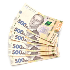 Fototapeta na wymiar Ukrainian money. New five hundred hryvnia isolated on white background