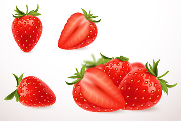Realistic strawberry in 3d style. Fresh ripe strawberry isolated on white background. Sweet berry. Applicable for fruit juice advertising. Vector illustration.