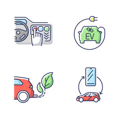 Electric car benefits RGB color icons set. Smart control panel, smartphone integration, eco friendly energy and EV tax credit. Isolated vector illustrations