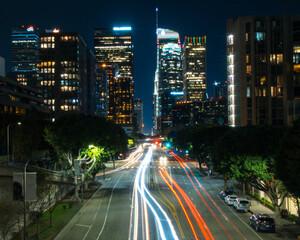 Fototapeta na wymiar Night Traffic in Downtown, Los Angeles