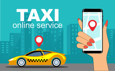 Taxi. City online taxi service. Vector image of a car and smartphone on a background of urban buildings.