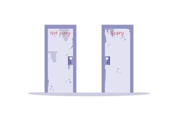 Escape room riddle semi flat RGB color vector illustration. Two scary doors with blood inscriptions isolated cartoon object on white background. Entertaining challenge, horror themed quest
