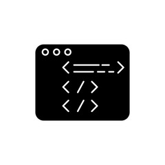 Fototapeta premium Website development black glyph icon. Open source code. HTML programming. Javascript edit. Work with framework. Screen with software. Silhouette symbol on white space. Vector isolated illustration