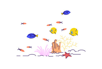 Underwater wildlife semi flat RGB color vector illustration. Coral reef in sea. Starfish on sand in depth of ocean. Nautical bottom. Tropical fish isolated cartoon character on white background