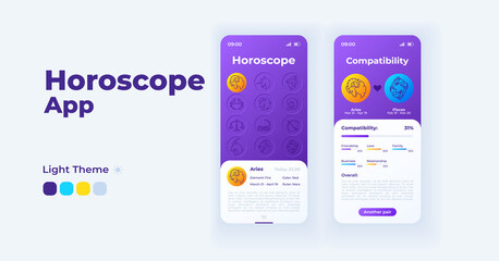 Horoscope app cartoon smartphone interface vector templates set. Mobile app screen page day mode design. Zodiac signs match and future telling UI for application. Phone display with flat illustrations