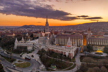 Aerial drone shot of Fisherman's Bastion on Buda Hill in Budapest sunset