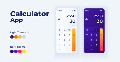 Calculator app cartoon smartphone interface vector templates set. Mobile app screen page day mode design. Calculator with basic functions UI for application. Phone display with flat illustrations