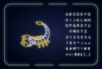 Scorpio zodiac sign neon light icon. Outer glowing effect. Astrological scorpion sign with alphabet, numbers and symbols. Dangerous predatory arachnid. Vector isolated RGB color illustration