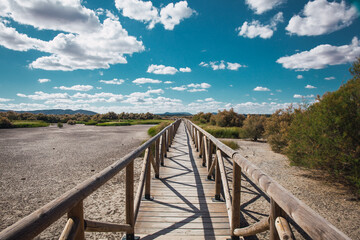 Bridge. Wooden bridge on the lagoon “Fuente De Piedra”. 