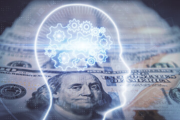 Double exposure of brain drawing over us dollars bill background. Technology concept.