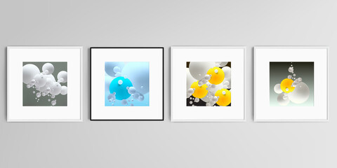 Realistic vector set of square picture frames isolated on gray background. Abstract composition with 3d balls or spheres.