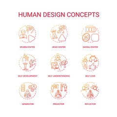 Human design red gradient concept icons set. Improve self understanding. Accept oneself. Chakra type. Individuality idea thin line RGB color illustrations. Vector isolated outline drawings
