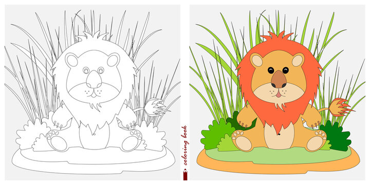 Black-and-white and color images for a color book. Contour drawing with children's themes. A small lion cub is sitting in a clearing among reeds and ferns. For color books, children prints, postcards
