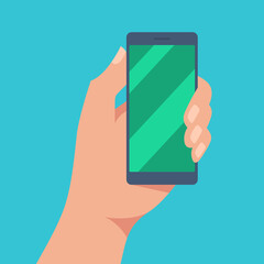Human hand holding smartphone flat vector illustration
