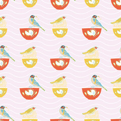 Vector geometric vintage kitchen utensil stripe pattern, cute birds and bowl, trendy design on pink background. Retro vintage. Seamless vector pattern. For fabric, wallpaper, giftwrap or postcard