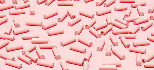 Minimal composition for energy concept. Pink AA alkaline batteries on pink background. 3d rendering illustration. Object isolate clipping path included.