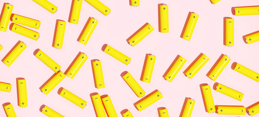 Minimal composition for energy concept. Yellow AA alkaline batteries on pink background. 3d rendering illustration. Object isolate clipping path included.