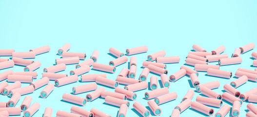 Minimal composition for energy concept. Pink AA alkaline batteries on blue background. 3d rendering illustration. Object isolate clipping path included.