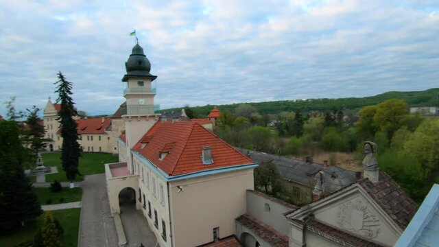 Aerial view of the historical center of Zhovkva, Lviv region, Ukraine. Shooting with FPV drone