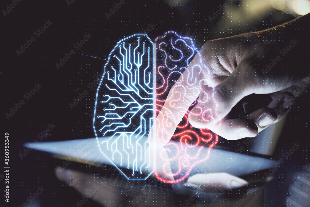Aufkleber Double exposure of man's hand holding and using a digital device and brain hologram drawing. Data concept.