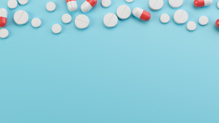 Red and white pills on blue background, 3D illustration