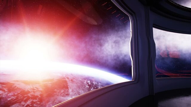Space ship futuristic interior. Sci fi room. view of the earth, wonderfull sunrise. Space concept.
