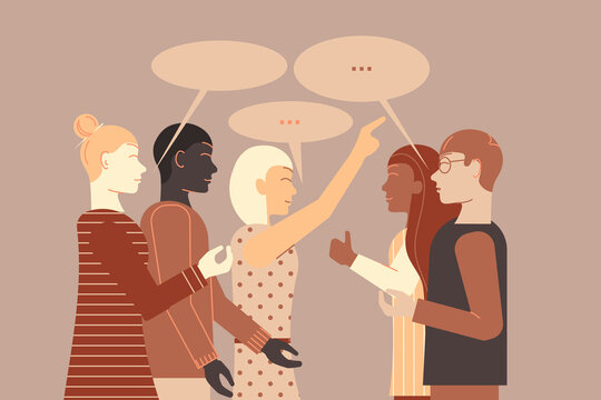Group of young people of different ethnicies have a meeting face to face, discuss and make a plan. Speech bubbles. Vector.
