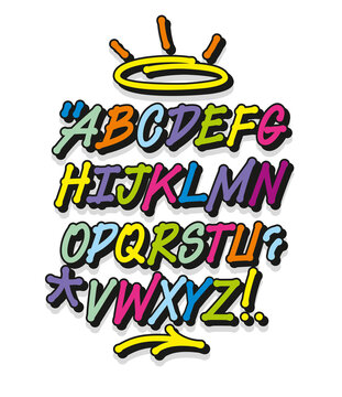 Colorful graffiti font and decorations. Vector alphabet