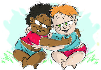 Two toddlers of different color loving on each other.