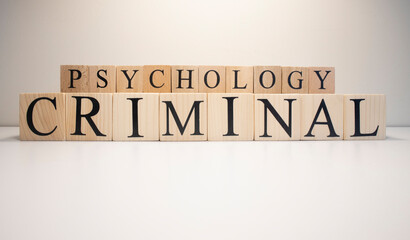 Criminal psychology text from wooden cubes. The term psychology profession.