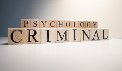 Criminal psychology text from wooden cubes. The term psychology profession.
