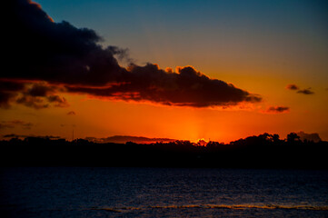 sunset, sky, sun, clouds, cloud, nature, landscape, evening, sunrise, light, orange, blue, sunlight, water, dawn, morning, dark, night, dusk, beach, lake, heaven