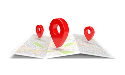Map navigation with red pointers isolated on white background. 3D rendering