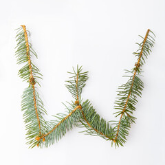 Letter W from green christmas-tree isolated on white. Natural Letter W, stylish alphabet. Handmade abc. Text from spruce. Christmas winter Sale. X-mas numbers. Winter font. 