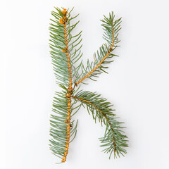 Letter K from green christmas-tree isolated on white. Natural Letter K, stylish alphabet. Handmade abc. Text from spruce. Christmas winter Sale. X-mas numbers. Winter font. 