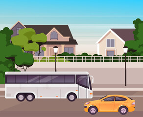 Small city town public transport concept. Vector flat cartoon graphic design illustration