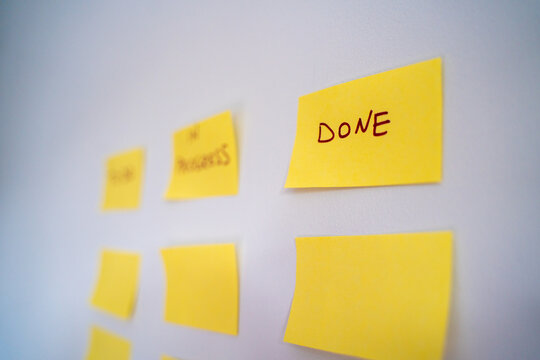 To do, In Progress, and Done are three most important status of agile methodology and scrum on software development. Sticky notes for the tasks