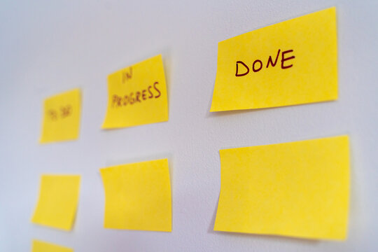 To do, In Progress, and Done are three most important status of agile methodology and scrum on software development. Sticky notes for the tasks