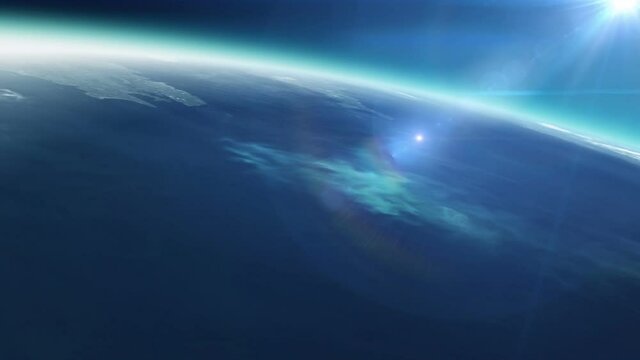 Planet earth with sunrise in space, movement and flight in low orbit