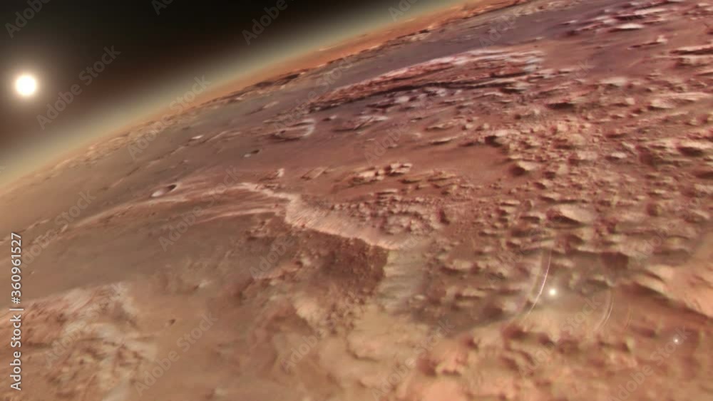 Wall mural planet mars with sunrise in space, movement and flight in low orbit