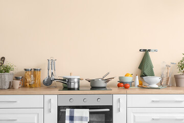 Set of utensils on kitchen counter - obrazy, fototapety, plakaty