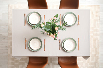 Interior of modern stylish dining room, top view
