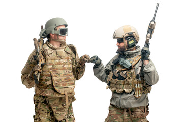 American special forces. two soldiers in military equipment with weapons on a white background, USA Army rejoices in success