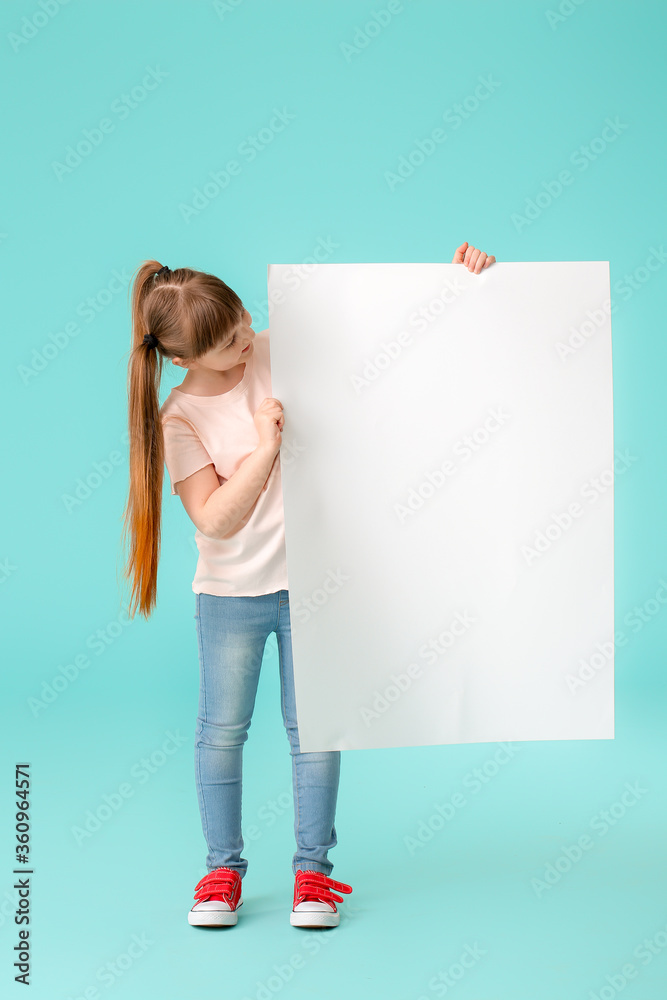 Sticker little girl with blank poster on color background