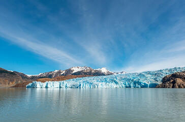 Panoramic landscape of the Grey glacier located in the Torres del Paine national park, Patagonia,...