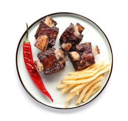 Tasty beef short ribs with chili pepper and french fries on white background